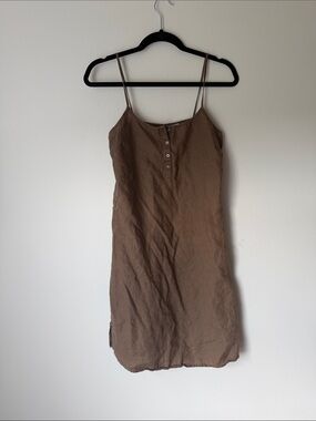 Activewear brand Brown Spaghetti-Strap Henley Mini Dress 100% linen